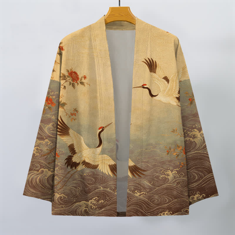 Buddha Stones Cotton White Crane Floral Waves Pattern Open Front Men's Kimono - image 10