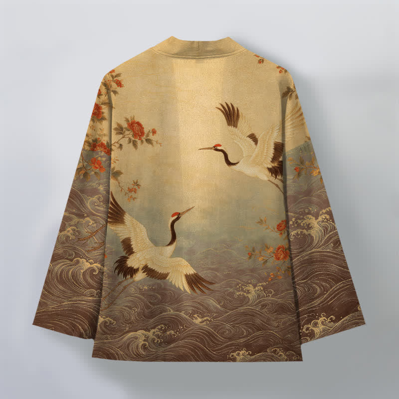 Buddha Stones Cotton White Crane Floral Waves Pattern Open Front Men's Kimono - image 11
