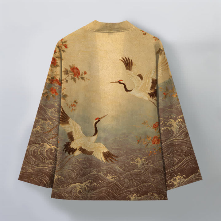 Buddha Stones Cotton White Crane Floral Waves Pattern Open Front Men's Kimono - image 11
