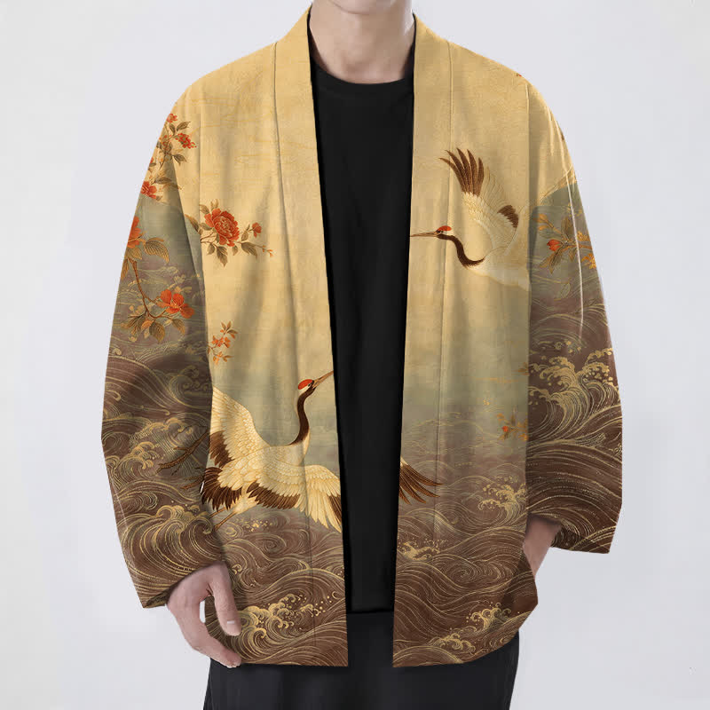 Buddha Stones Cotton White Crane Floral Waves Pattern Open Front Men's Kimono - DarkGoldenrod - US/UK/AU48，EU58 (4XL) - image 9