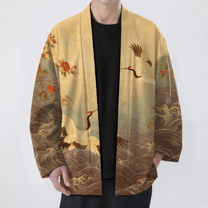 Buddha Stones Cotton White Crane Floral Waves Pattern Open Front Men's Kimono - DarkGoldenrod - US/UK/AU48，EU58 (4XL) - image 9