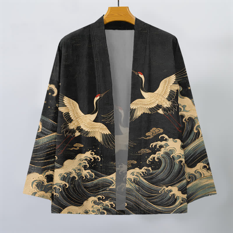 Buddha Stones Cotton Golden Crane Rolling Waves Pattern Open Front Men's Kimono - image 1