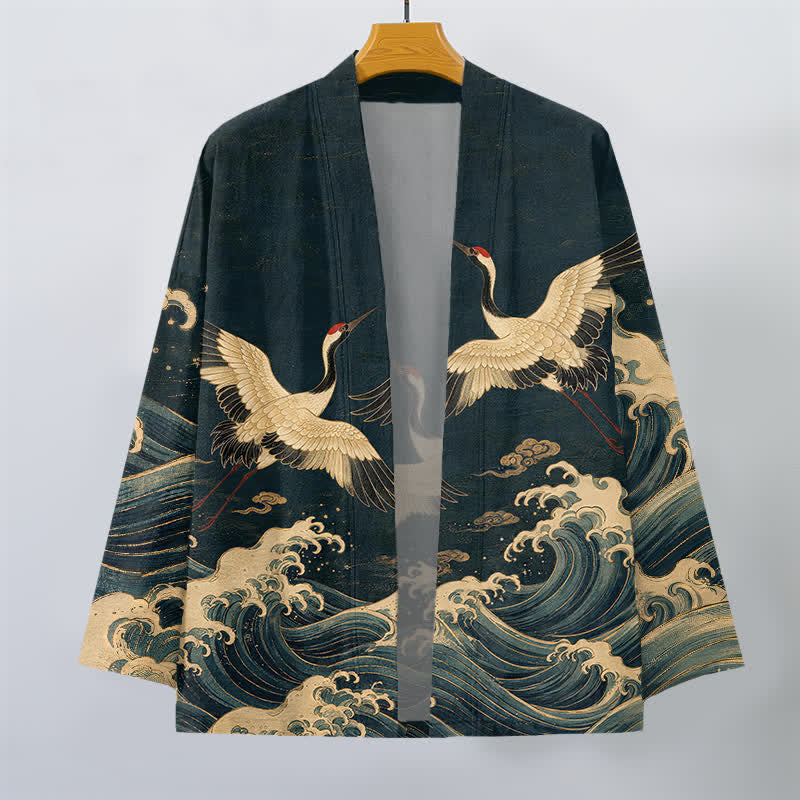 Buddha Stones Cotton Golden Crane Rolling Waves Pattern Open Front Men's Kimono - image 7