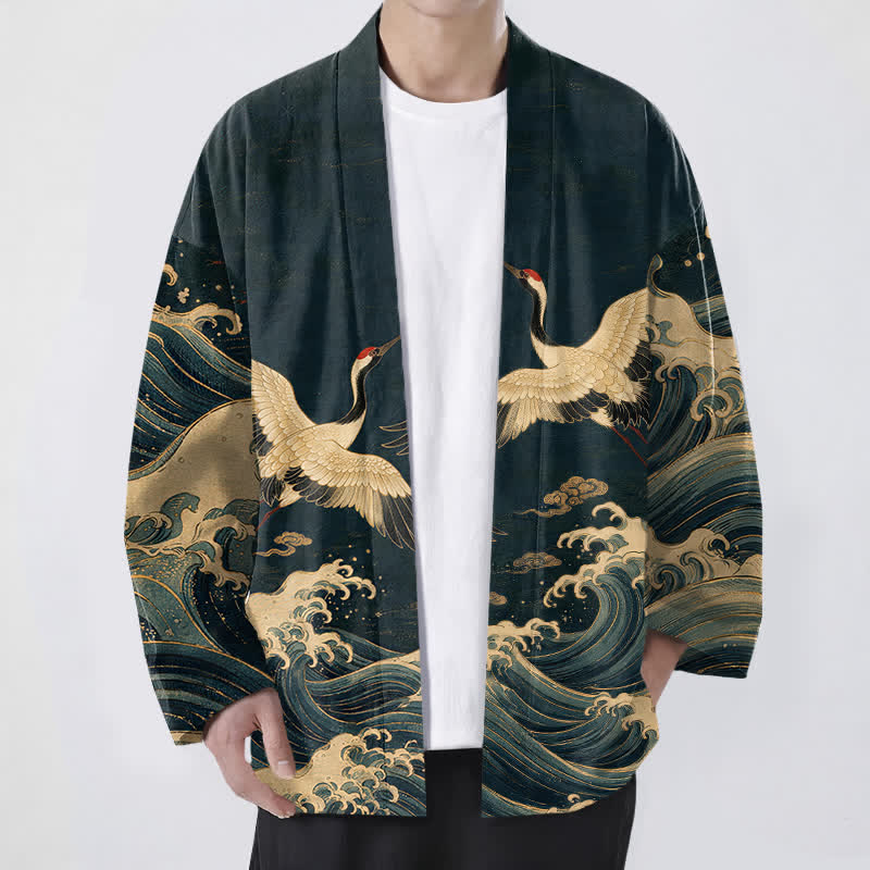 Buddha Stones Cotton Golden Crane Rolling Waves Pattern Open Front Men's Kimono - Navy - US/UK/AU48，EU58 (4XL) - image 6