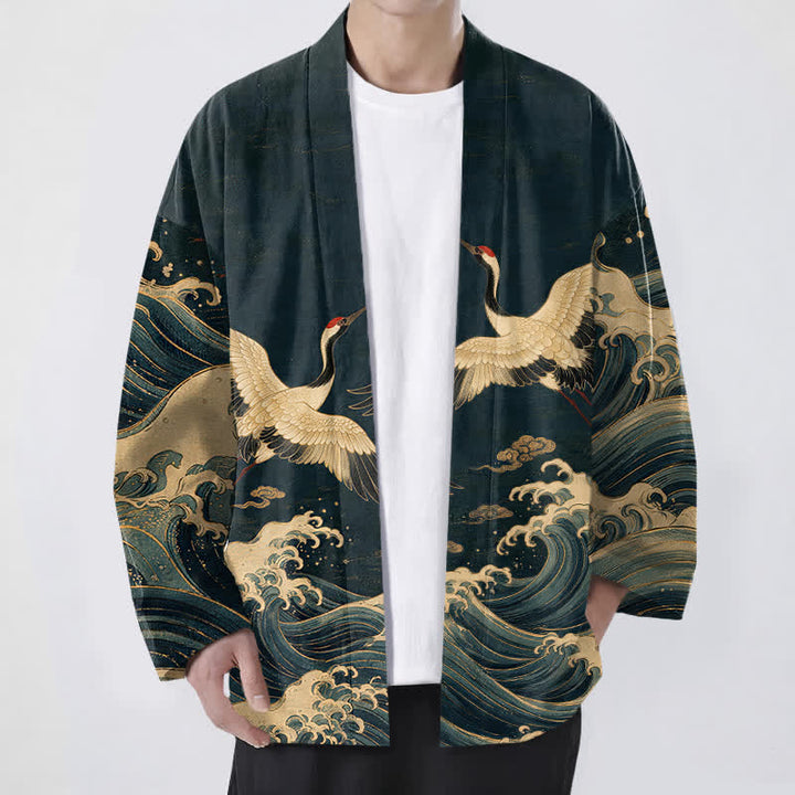 Buddha Stones Cotton Golden Crane Rolling Waves Pattern Open Front Men's Kimono - Navy - US/UK/AU48，EU58 (4XL) - image 6