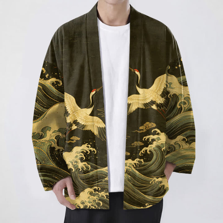 Buddha Stones Cotton Golden Crane Rolling Waves Pattern Open Front Men's Kimono - Olive - US/UK/AU48，EU58 (4XL) - image 9