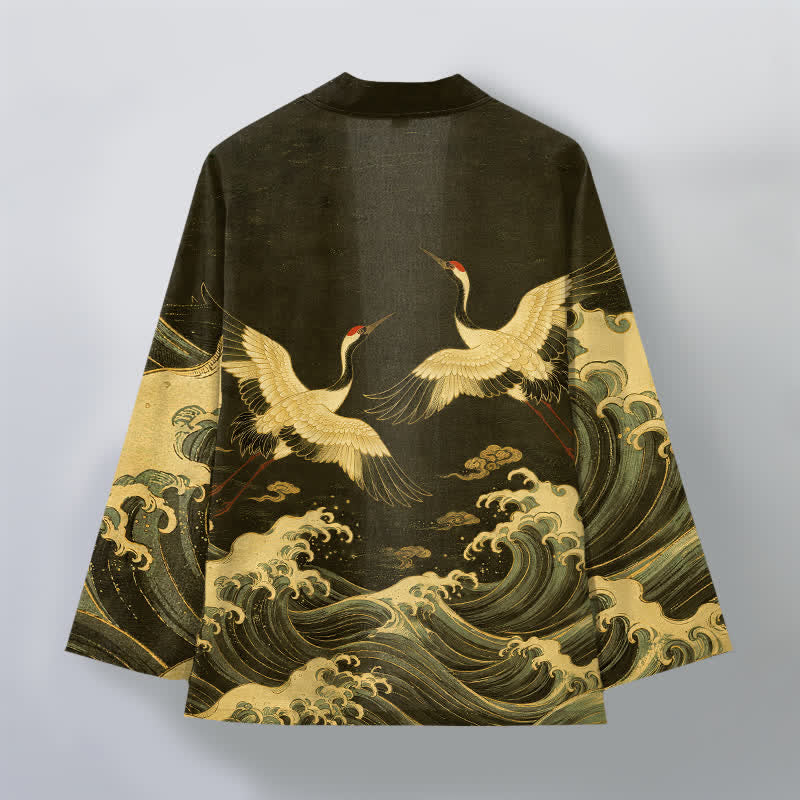 Buddha Stones Cotton Golden Crane Rolling Waves Pattern Open Front Men's Kimono - image 11