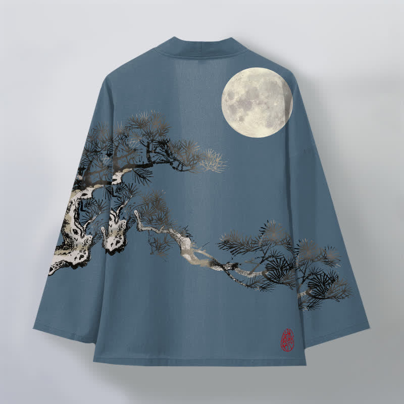 Buddha Stones Cotton Full Moon Pine Tree Pattern Open Front Men's Kimono - image 2