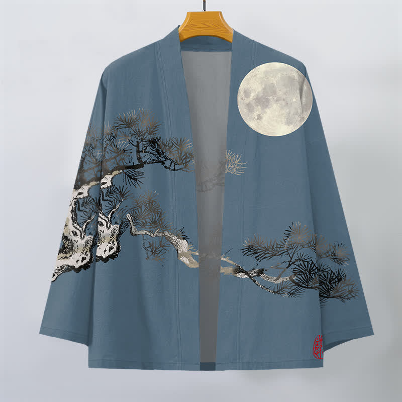 Buddha Stones Cotton Full Moon Pine Tree Pattern Open Front Men's Kimono - image 1