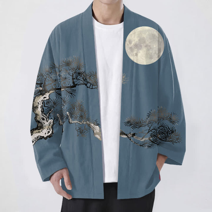 Buddha Stones Cotton Full Moon Pine Tree Pattern Open Front Men's Kimono - SteelBlue - US/UK/AU48，EU58 (4XL) - image 0