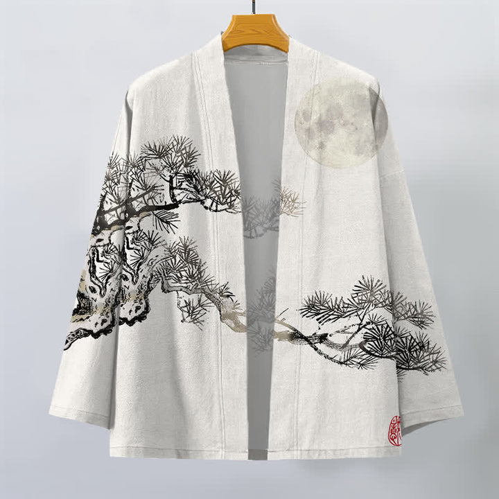 Buddha Stones Cotton Full Moon Pine Tree Pattern Open Front Men's Kimono - image 7