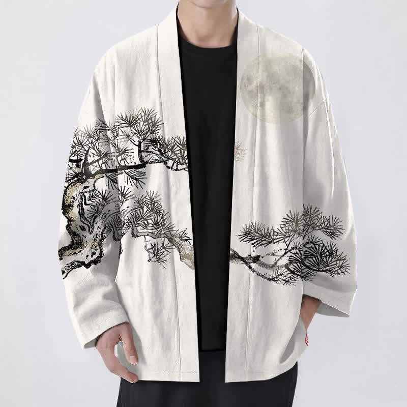 Buddha Stones Cotton Full Moon Pine Tree Pattern Open Front Men's Kimono - Ivory - US/UK/AU48，EU58 (4XL) - image 6
