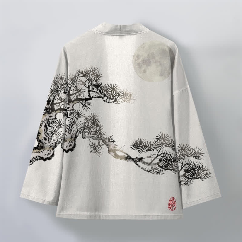 Buddha Stones Cotton Full Moon Pine Tree Pattern Open Front Men's Kimono - image 8