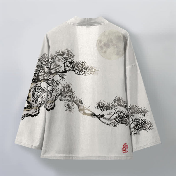 Buddha Stones Cotton Full Moon Pine Tree Pattern Open Front Men's Kimono - image 8