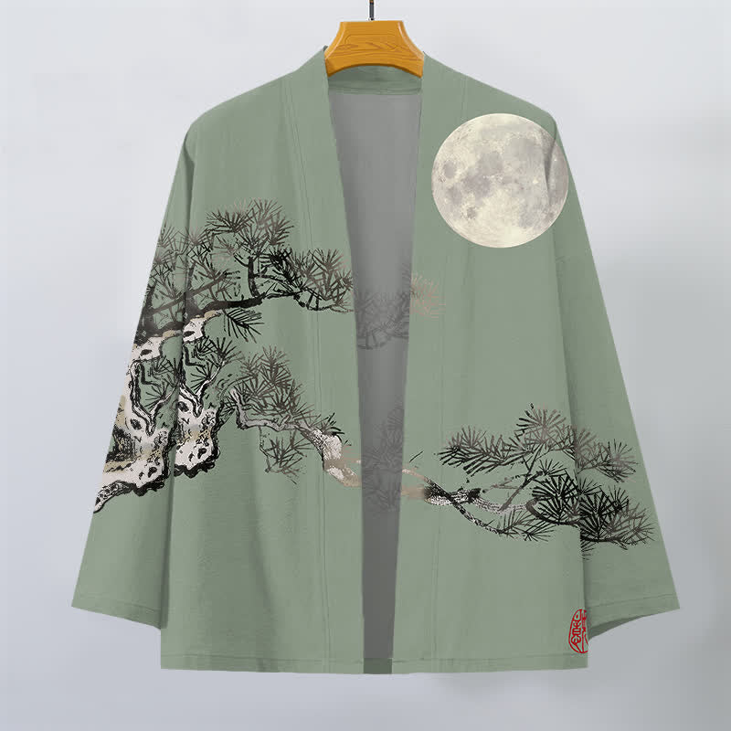 Buddha Stones Cotton Full Moon Pine Tree Pattern Open Front Men's Kimono - image 10