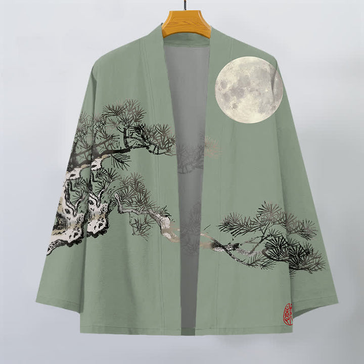 Buddha Stones Cotton Full Moon Pine Tree Pattern Open Front Men's Kimono - image 10