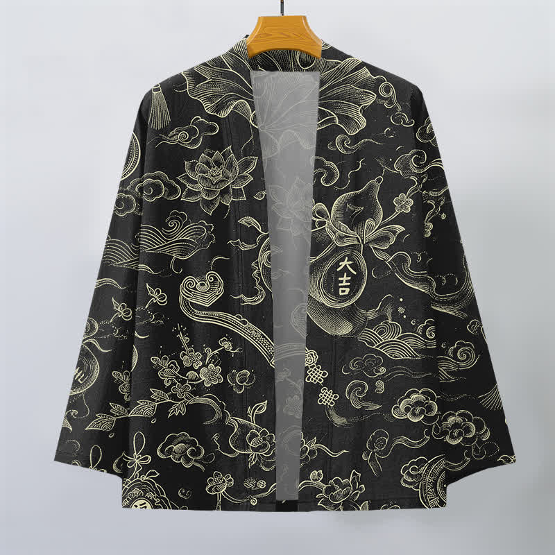 Buddha Stones Cotton Lotus Cloud Linework Pattern Open Front Men's Kimono - image 1