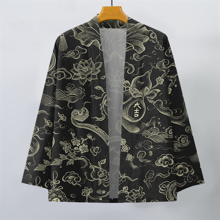 Buddha Stones Cotton Lotus Cloud Linework Pattern Open Front Men's Kimono - image 1