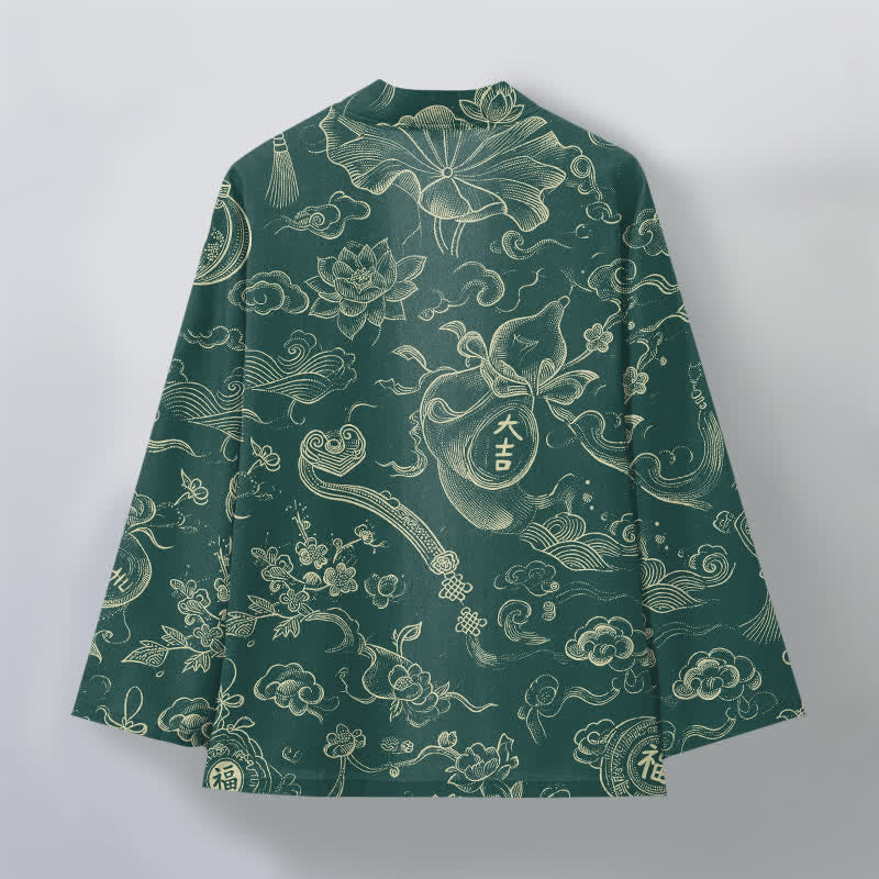 Buddha Stones Cotton Lotus Cloud Linework Pattern Open Front Men's Kimono - image 8