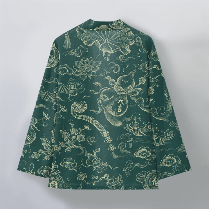 Buddha Stones Cotton Lotus Cloud Linework Pattern Open Front Men's Kimono - image 8