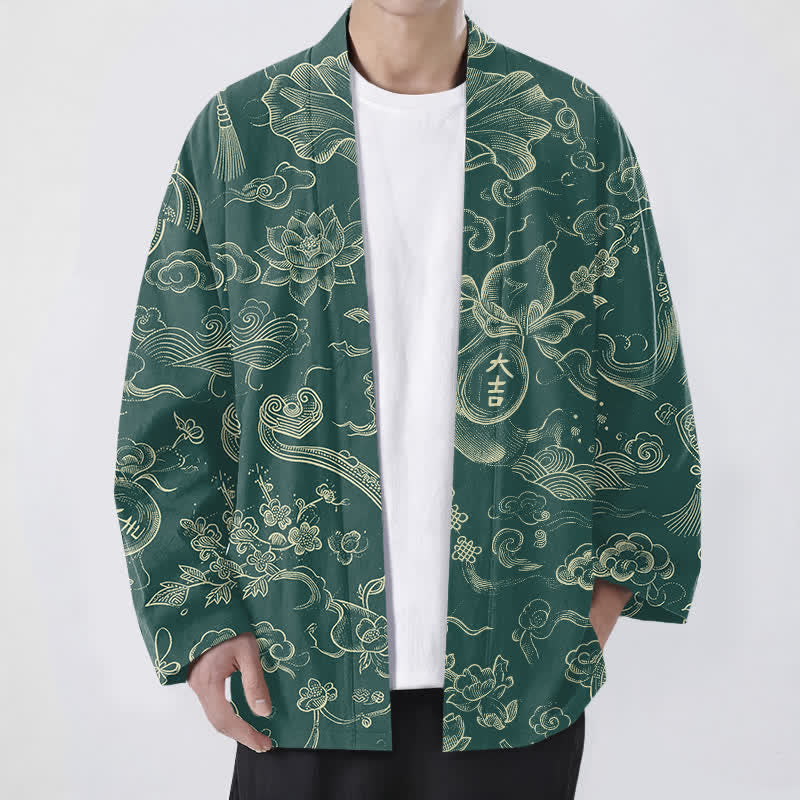 Buddha Stones Cotton Lotus Cloud Linework Pattern Open Front Men's Kimono - SeaGreen - US/UK/AU48，EU58 (4XL) - image 6