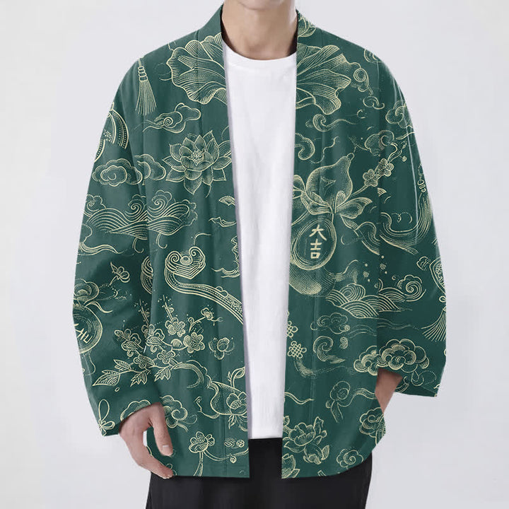 Buddha Stones Cotton Lotus Cloud Linework Pattern Open Front Men's Kimono - SeaGreen - US/UK/AU48，EU58 (4XL) - image 6