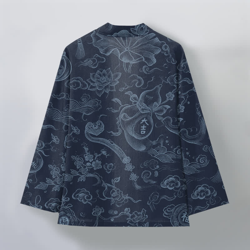 Buddha Stones Cotton Lotus Cloud Linework Pattern Open Front Men's Kimono - image 11