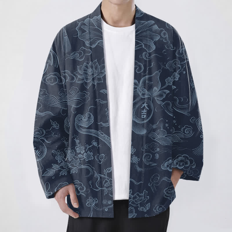 Buddha Stones Cotton Lotus Cloud Linework Pattern Open Front Men's Kimono - Navy - US/UK/AU48，EU58 (4XL) - image 9