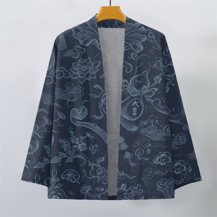Buddha Stones Cotton Lotus Cloud Linework Pattern Open Front Men's Kimono - image 10