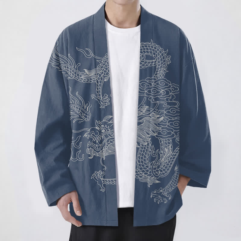 Buddha Stones Cotton White Dragon Cloud Pattern Open Front Men's Kimono - SteelBlue - US/UK/AU48，EU58 (4XL) - image 0