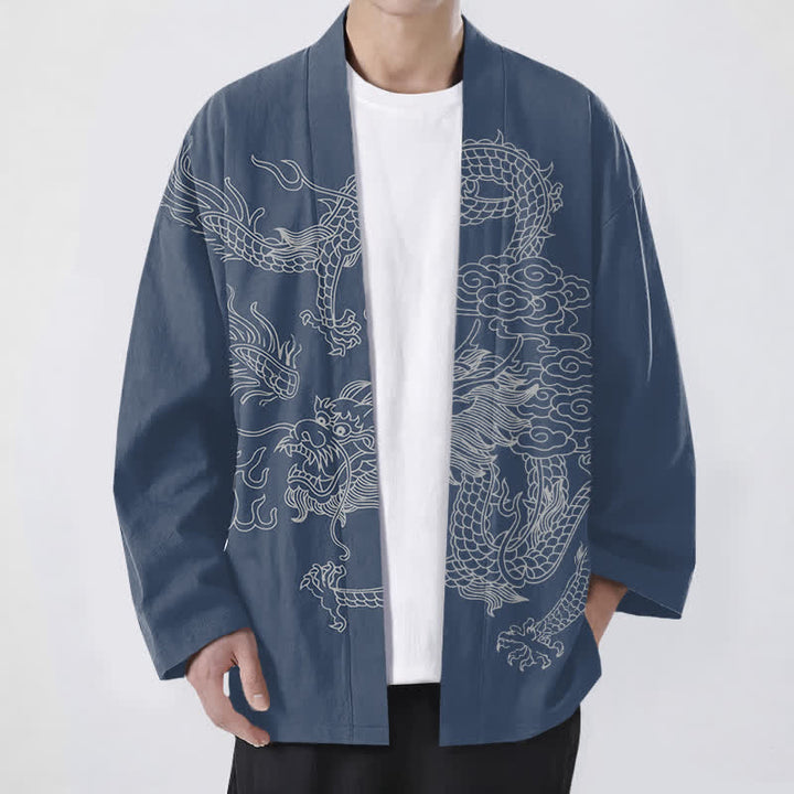 Buddha Stones Cotton White Dragon Cloud Pattern Open Front Men's Kimono - SteelBlue - US/UK/AU48，EU58 (4XL) - image 0