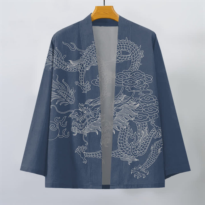 Buddha Stones Cotton White Dragon Cloud Pattern Open Front Men's Kimono - image 1