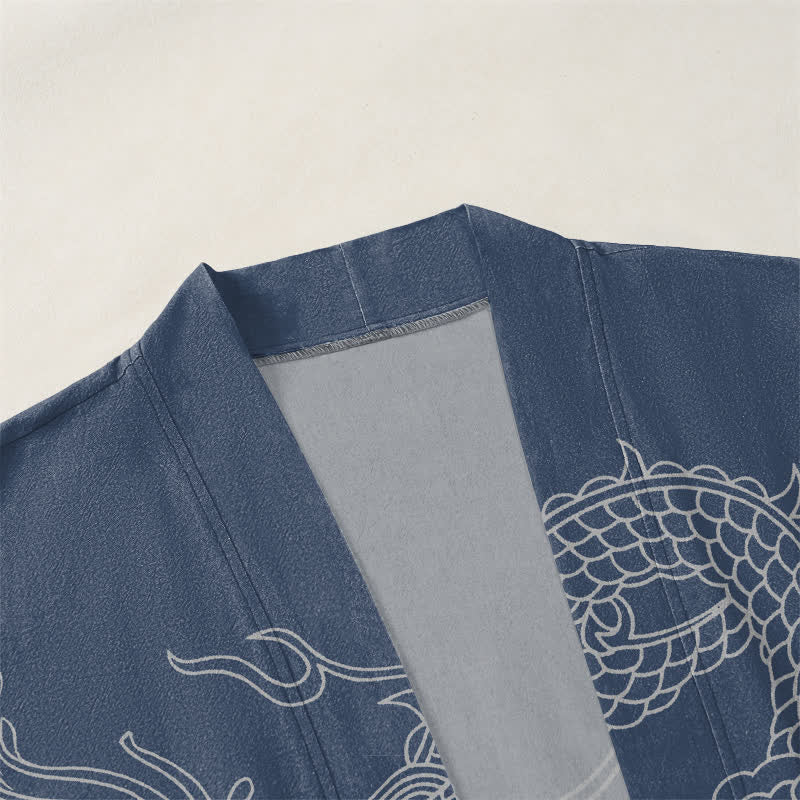 Buddha Stones Cotton White Dragon Cloud Pattern Open Front Men's Kimono - image 3