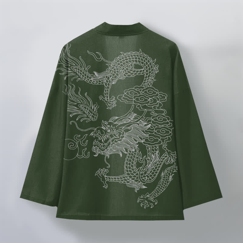 Buddha Stones Cotton White Dragon Cloud Pattern Open Front Men's Kimono - image 8