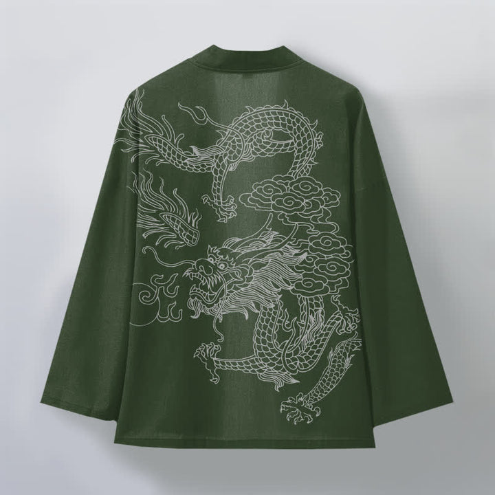 Buddha Stones Cotton White Dragon Cloud Pattern Open Front Men's Kimono - image 8