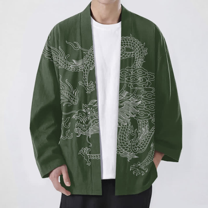 Buddha Stones Cotton White Dragon Cloud Pattern Open Front Men's Kimono - DarkGreen - US/UK/AU48，EU58 (4XL) - image 6