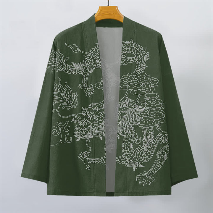 Buddha Stones Cotton White Dragon Cloud Pattern Open Front Men's Kimono - image 7
