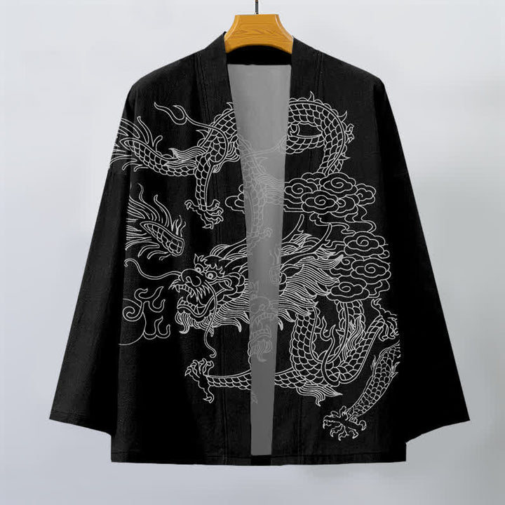 Buddha Stones Cotton White Dragon Cloud Pattern Open Front Men's Kimono - image 10