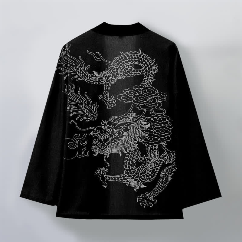 Buddha Stones Cotton White Dragon Cloud Pattern Open Front Men's Kimono - image 11