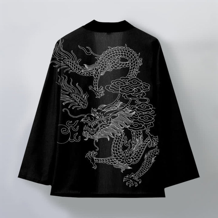 Buddha Stones Cotton White Dragon Cloud Pattern Open Front Men's Kimono - image 11