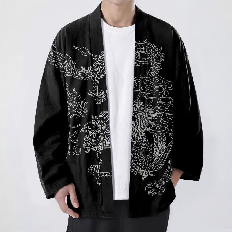 Buddha Stones Cotton White Dragon Cloud Pattern Open Front Men's Kimono - Black - US/UK/AU48，EU58 (4XL) - image 9