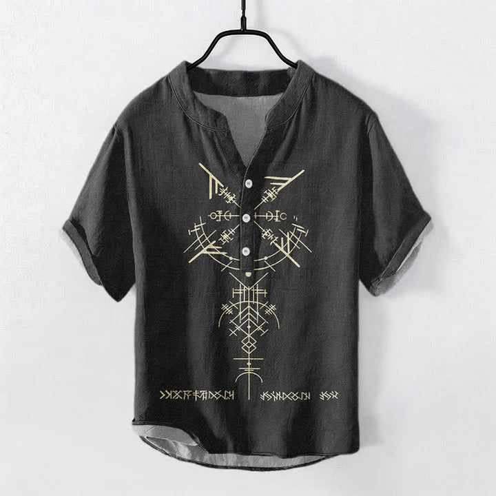 Buddha Stones Cotton Tribal Geometric Rune Pattern Men's Short Sleeve Half Button Shirt - Black - US/UK/AU50，EU60 (5XL) - image 5