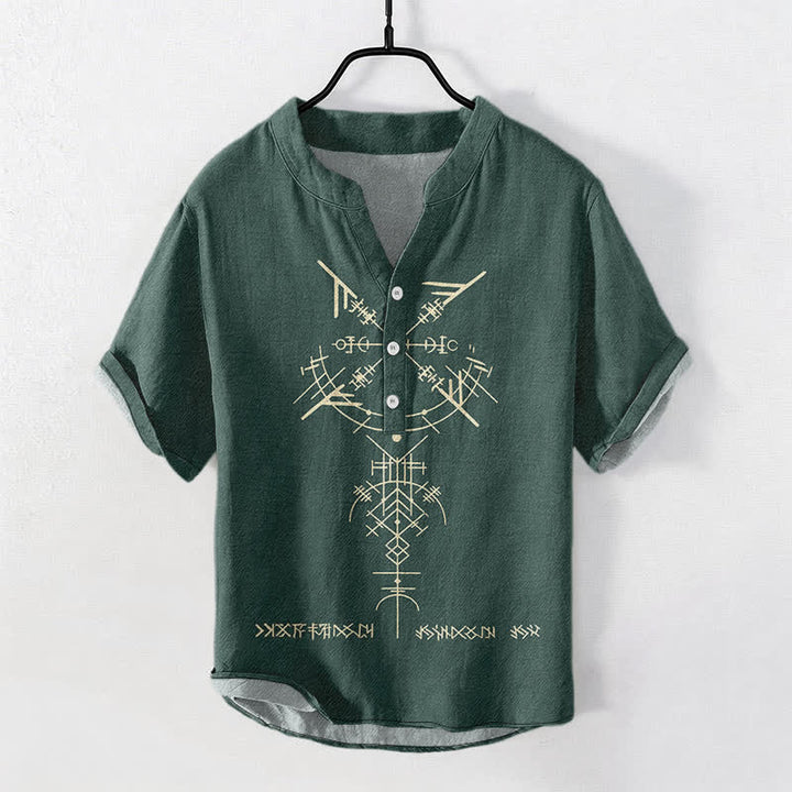 Buddha Stones Cotton Tribal Geometric Rune Pattern Men's Short Sleeve Half Button Shirt - DarkGreen - US/UK/AU50，EU60 (5XL) - image 7