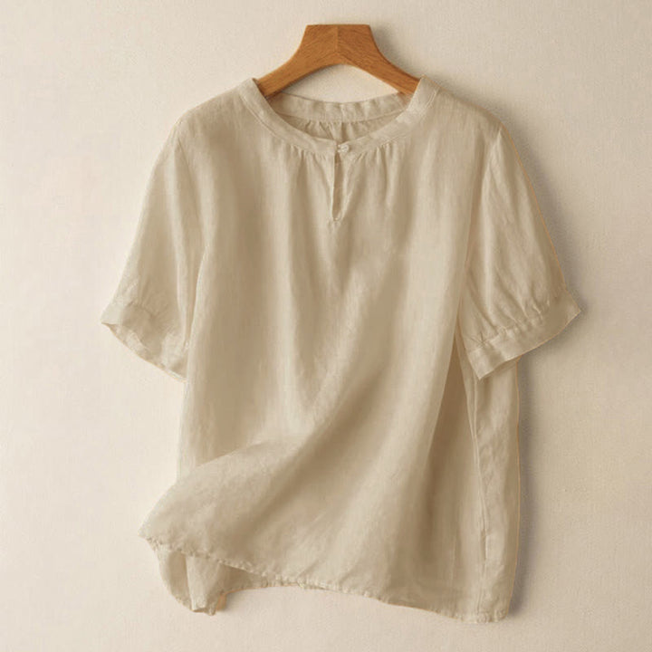 Buddha Stones Casual Women's Plain Crew Neck Button Design Half Sleeve Linen Shirt - Beige - US8-10，UK/AU12-14，EU40-42 (2XL) - image 0