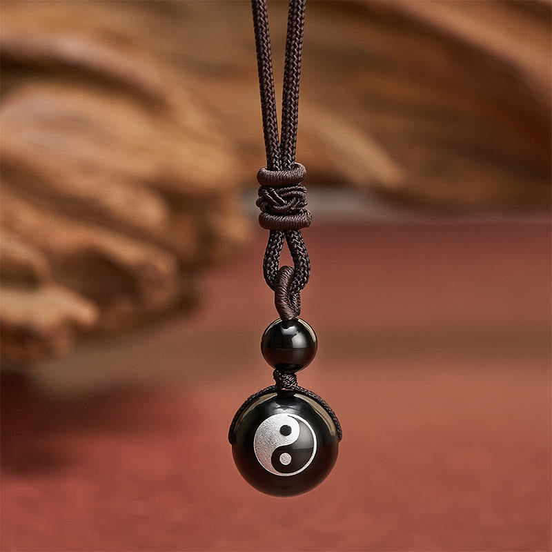 Buddha Stones Black Obsidian Carved Purification Yin Yang Necklace Pendant - Yin Yang Silver-foiled Pattern - 26.8 in / 68 cm - image 0