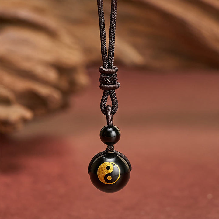 Buddha Stones Black Obsidian Carved Purification Yin Yang Necklace Pendant - Yin Yang Gold-stamped Pattern - 26.8 in / 68 cm - image 6