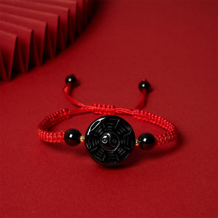 Buddha Stones Red String Black Obsidian Round Bagua Blessing Bracelet - image 4