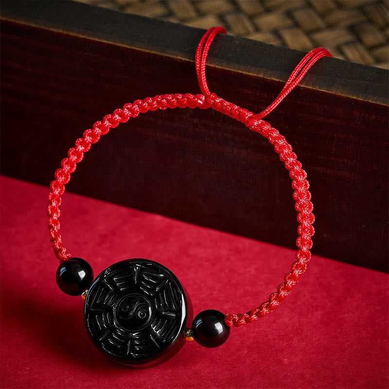 Buddha Stones Red String Black Obsidian Round Bagua Blessing Bracelet - image 1