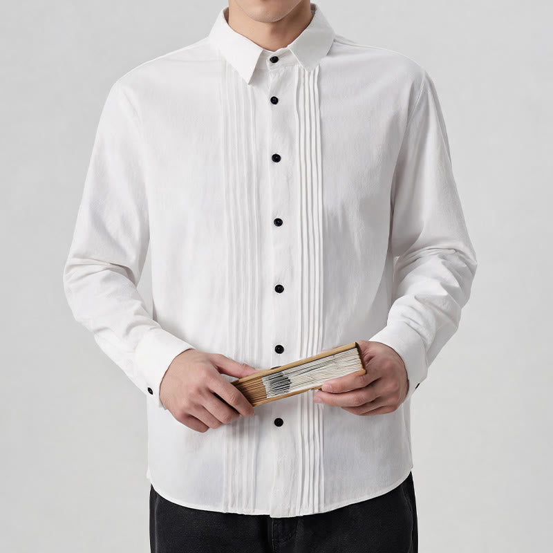 Buddha Stones Spring Minimalist Pintuck Button-Up Solid Men's Long Sleeve Shirts - image 2