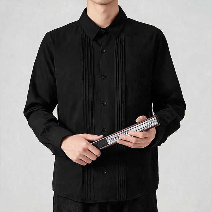 Buddha Stones Spring Minimalist Pintuck Button-Up Solid Men's Long Sleeve Shirts - image 9
